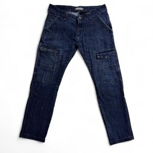 Penshoppe Denim Lab Womens Pinstripe Cargo Jeans Dark Wash Blue Size 29